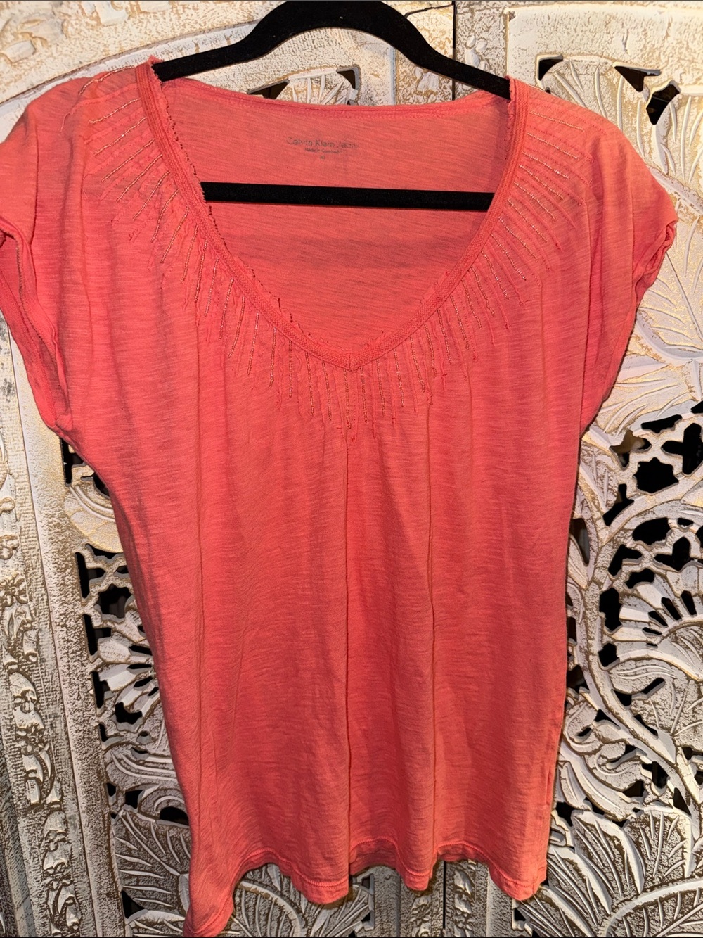 Calvin Klein Coral Short Sleeve V-Neck Top